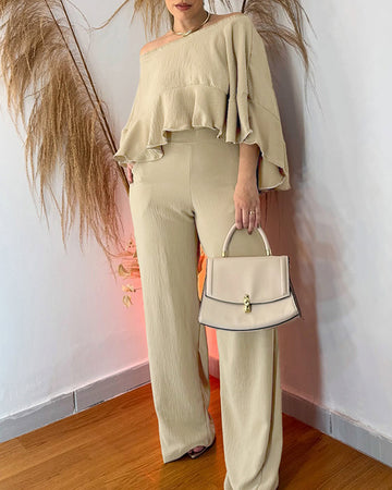 2 Pieces Outfit One Shouder Ruffles Hem Batwing Sleeve Top and Casual High Waist Wide Leg Pants Set